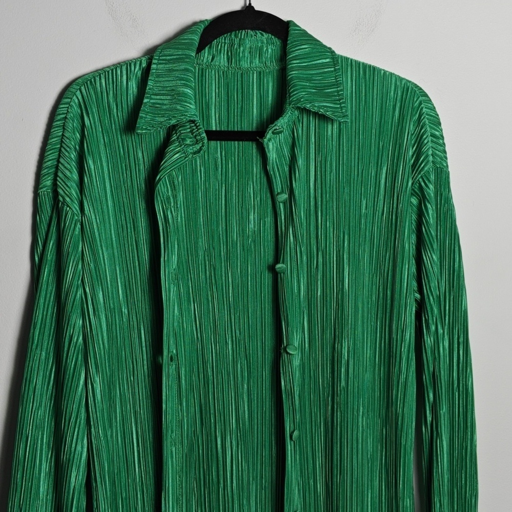 Oversized 2piece Pleated Long Sleeve Button Blouse Top Wide Leg Short Set Size S - Picture 6 of 16